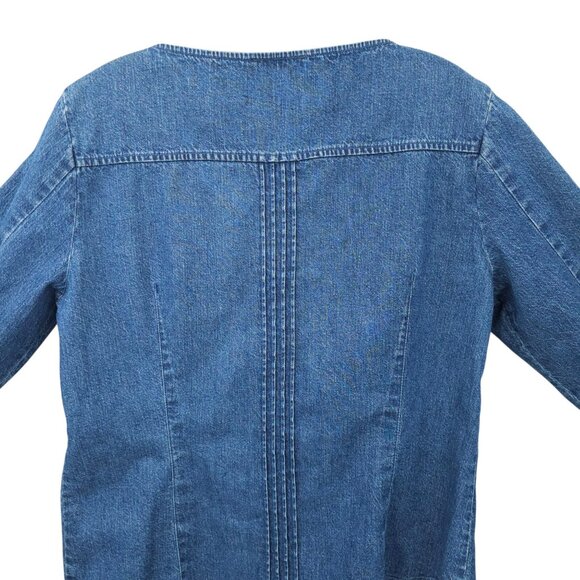 Harolds Denim Top Womens Size 12 Pleated Front Back Detail Round Neck 3/4 Sleeve - Picture 14 of 16
